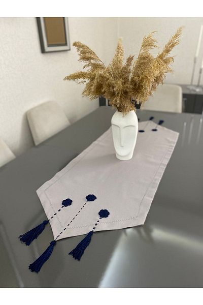 Parla Life Navy Blue Braided Linen Fabric Runner 40x120 Cm