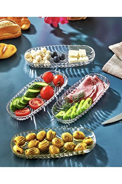 DİBA AVM 4 Pieces Glass Oval Herringbone Snack Fruit Appetizer Plate 4 Pieces Presentation Plate Breakfast Presentation Plate 19 cm