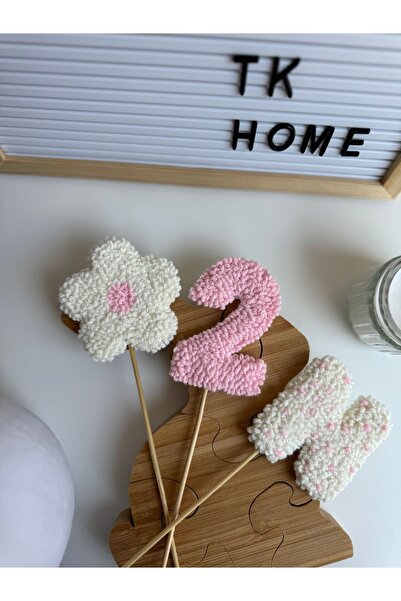 TKhome Punch 3'lü Pembe Rakam, Harf Ve Çiçek I?şlemeli Pasta Süsü Pasta Dekor...