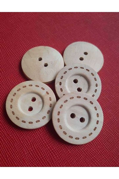 İMREN AKSESUAR Laser Striped Natural Wooden Wood Button 3 Cm 1 Pack 5 Pieces
