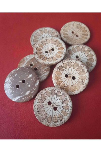 İMREN AKSESUAR Laser Striped Natural Wooden Coconut Wood Button 3 Cm 1 Pack 5 Pieces