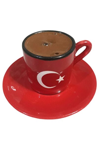 Genel Markalar 2'li Fincan Seti, Türk Bayrağı Motifli, El Yapımı, 4 Parça Kahve Fincan Takımı