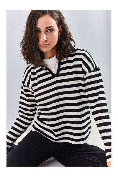 Bengi Clothing Pulover de damă cu dungi cu gât polo - mânecă lungă