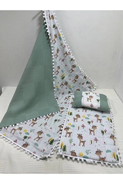 BUSEBABYHOME طقم مكون من 3 قطع باللون الأخضر، والموسلين والبوبون، ووسادة وبطانية