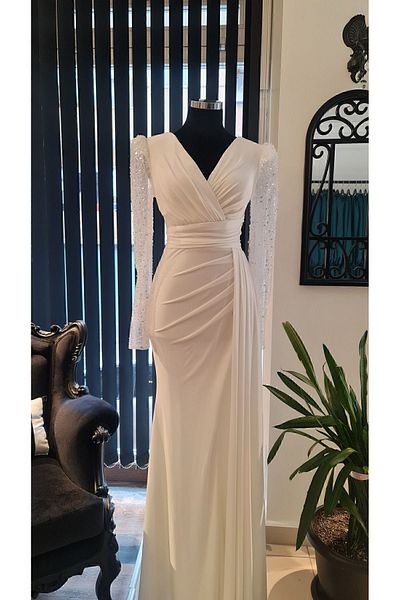 makbuleofficial Rochie de nuntă de logodnă albă ecru, decolteu dublu, cu fantă