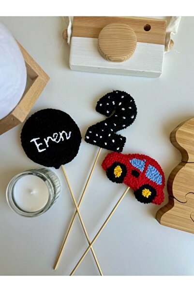 TKhome Punch 3'lü Rakam Araba ve İsim İşlemeli Pasta Süsü Pasta Dekoru - Doğu...