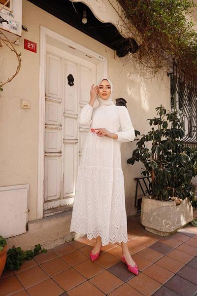 SHİROSA Long Embroidery Lace Scallop Hijab Women's Dress