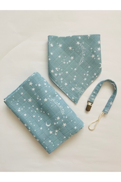 runbaby Run Baby Light Blue Star Patterned Muslin Set - 100% Cotton, 75x75cm, Pacifier Strap
