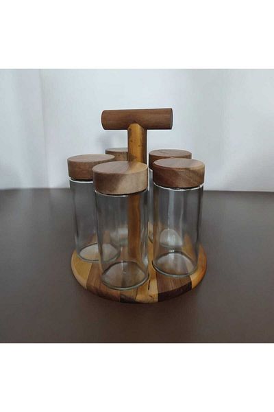 MİEN 5-Piece Acacia and Glass Spice Bowl Set - with Stand and Lid
