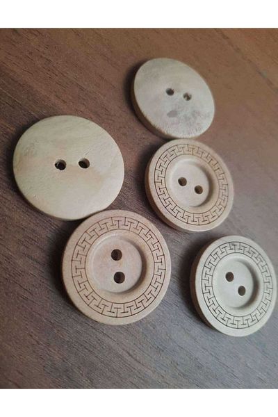 İMREN AKSESUAR Laser Striped Natural Wooden Wood Button 3 Cm 1 Pack 5 Pieces