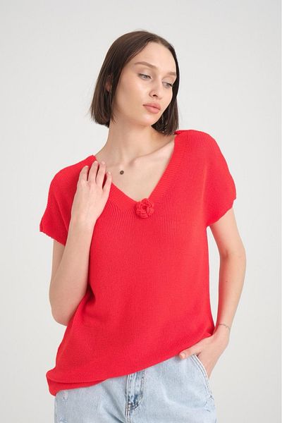 Su Moda Women's Blouse Mercerized Sweater Front and Back V Neck Rose Accessory Thin Low Sleeve Mercerized