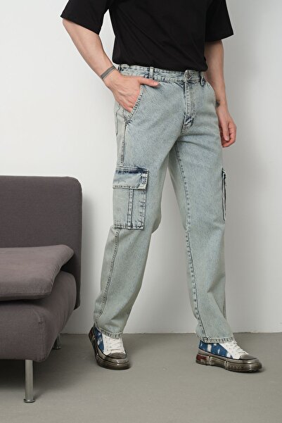 HYPERS بنطال جينز رجالي فضفاض مع جيوب كارجو
