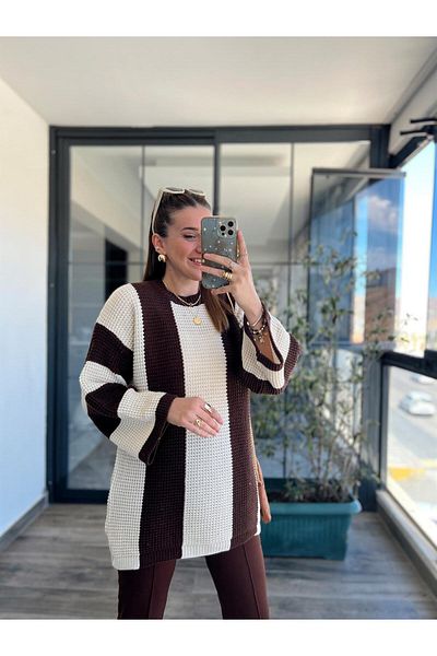Bengi Clothing Дамска плетена рокля с дълъг ръкав и кръгло деколте на райета