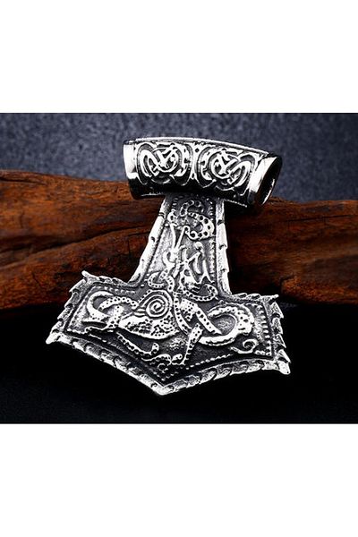daisybydaisy Viking Thor Patterned Stainless Steel Silver Necklace - with Extra Chain Gift