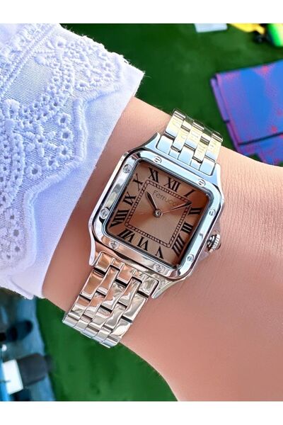 Ferrucci Kadın Gümüş Bej Çelik Kare Kasa Quartz Kol Saati - Şık Metal Kordon, Romen Rakam, Su Geçirmez