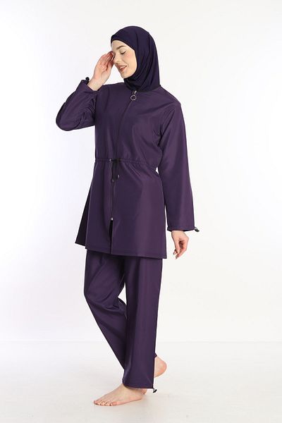 Sonne's Purple Quick Dry Zippered Hijab Swimsuit - 4 Pieces, Water Repellent, Parachute Fabric