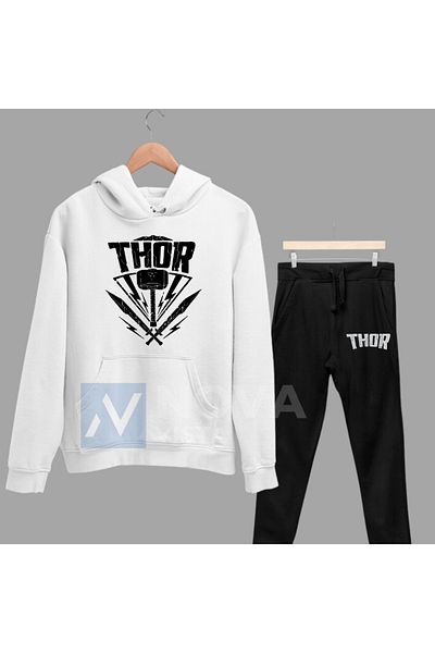 Biy Store Thor and Axe Mjölnir Printed Unisex Hooded Sports White Sweatshirt Tracksuit Set