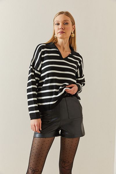 Bengi Clothing Pulover de damă cu dungi cu gât polo - mânecă lungă