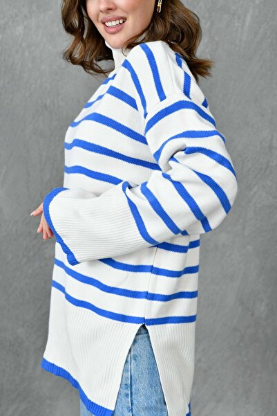 vuvutasarım Світшот з розрізом, смугастим коміром-стійкою та довгими рукавами 2544