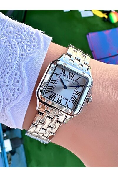 Ferrucci Kadın Gümüş Çelik Kare Kasa Quartz Kol Saati - Şık Metal Kordon, Rom...