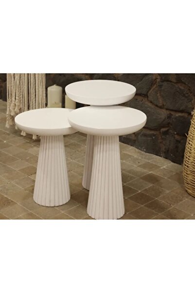 Simillo Home&Living Wood Wooden Mat Beyaz 3’lü Set Mantar Yan Sehpa Fiskos Çi...