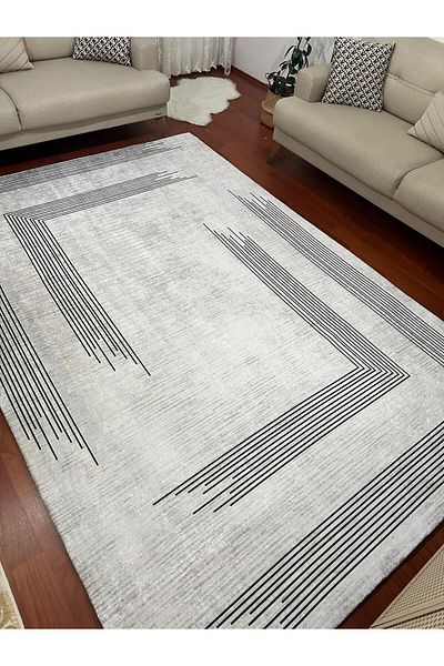 ALLGELSİN 6m2 Meter Square Washable Carpet Cover - 200x300cm, Elastic Bottom, Modern Striped