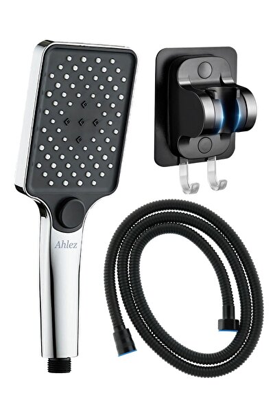 Ahlez Aqua Kare 3 Fonksiyon Duş Başlığı , Askılıklı Siyah Yapışkanlı Mafsal v...