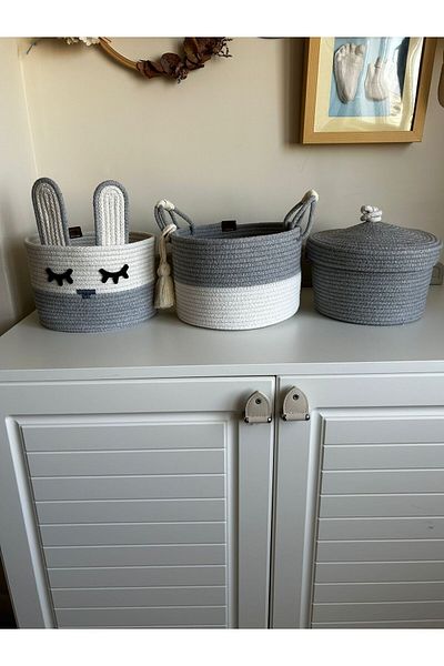 Patiska Tasarım Gray Animal Figured - Kids/Baby Room Organizer 3-Piece Basket Set