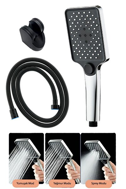 Ahlez Aqua Kare 3 Fonksiyonlu Duş Başlığı , Siyah Duş Hortumu ve Siyah Mafsal...