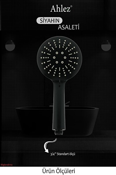Ahlez Star 3 Fonksiyonlu Mat Siyah Geniş Yüzey Duş Başlığı