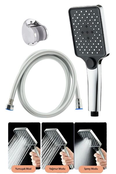 Ahlez Aqua 3 Fonksiyonlu Kare Duş Seti – Duş Başlığı 150 Cm Pvc Hortum Krom M...
