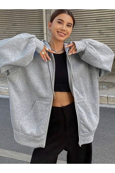 DEZZİİ Φούτερ με φερμουάρ Oversize γκρι ζακέτα