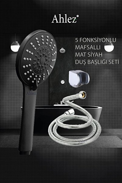 Ahlez Star 5 Fonksiyonlu Siyah Duş Başlığı + Duş Hortumu + Mafsal Duş Takımı ...