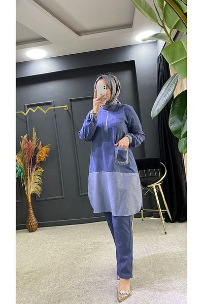 Ayşo Σετ παντελόνι και τοπ Hijab - Ύφασμα με φερμουάρ, τσέπες και ελαστική μέση