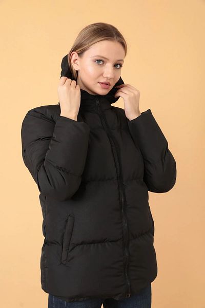 E MODA La Mela Damen – Puffermantel mit Kapuze in schwarz