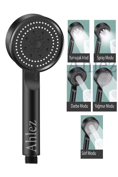 Ahlez Maxima Siyah Turbo Fan 5 Fonksiyonlu Duş Başlığı El Duşu