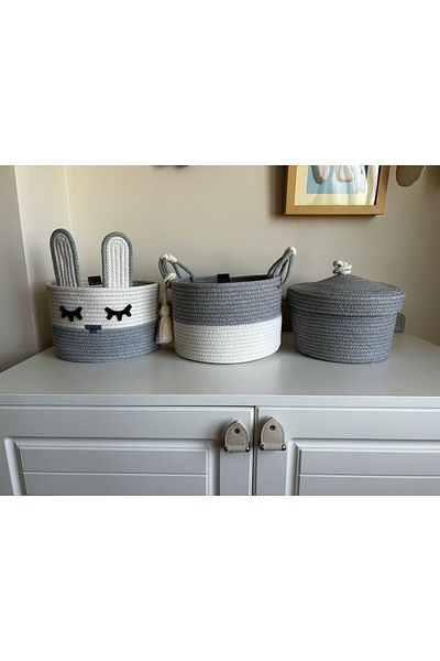 Patiska Tasarım Gray Animal Figured - Kids/Baby Room Organizer 3-Piece Basket Set