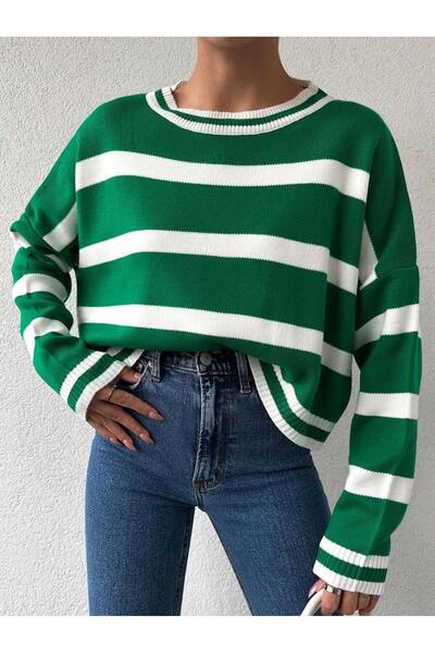 Bengi Clothing Emerald Green Striped Knitwear Crop Sweater - Crew Neck
