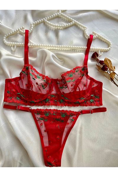 Nashera Red Cherry Embroidered Underwire Bralette Bra Underwear Set