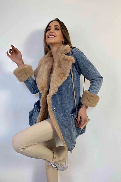 Lady Pixie Palton lung de damă din denim cu blană