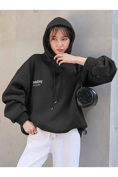 ÖZKAYNAK Unisex Black Destiny Print Oversize Hooded Sweatshirt