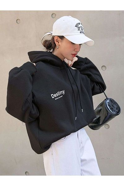 ÖZKAYNAK Unisex Black Destiny Print Oversize Hooded Sweatshirt