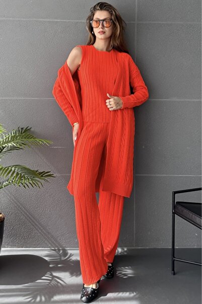 RURIS Kadın Turuncu Örgü Desenli Pantolon Bluz Hırka 3'Lü Triko Takım