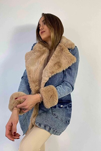 Lady Pixie Palton lung de damă din denim cu blană