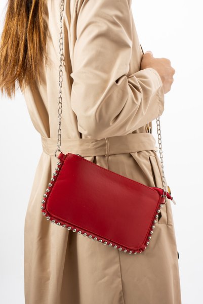 vagues Red Mini Beaded Single Eyed Women's Hand and Shoulder Bag