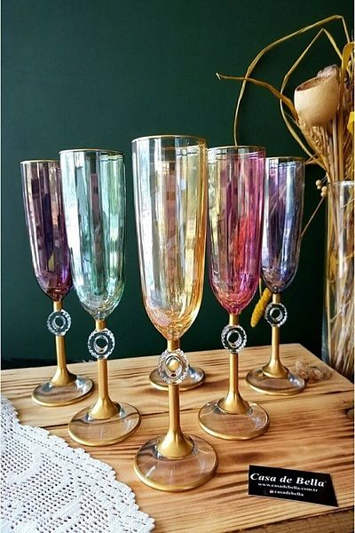 Paşabahçe Colorful 6 Person Flute Glass with Luster