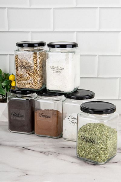 DNS HOME 6-Piece Black Metal Jar with Lid and Spice Shaker with Transparent Label