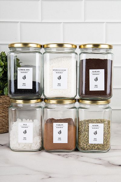 DNS HOME 6-Piece Gold Metal Lid Square Glass Jar Storage Set Spice Labeled Spice Jar Set 720 ml