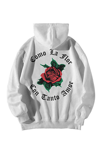 Stadium هودي بقلنسوة أبيض كبير الحجم مطبوع للجنسين من كومو لا فلور - جيب الكنغر