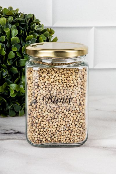 DNS HOME 6-Piece Gold Metal Lid Square Glass Jar Storage Set Spice Bowl with Transparent Label 720 ml
